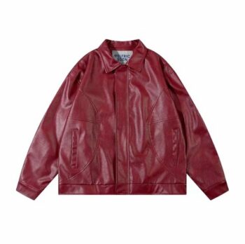red faux leather coat